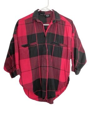Vintage 90s Plaid Top Womens Size Medium Krazy Kat Red Black Shirt Blouse Cotton